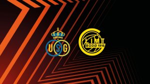 Grafisk fremstilling av logoene til Union Saint-Gilloise og Bodø/Glimt på svart og orange bakgrunn. Bakgrunnen viser det klassiske bølgedesignet til UEFA Europa League