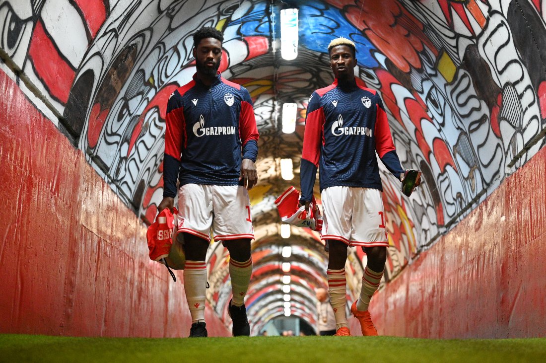 BELGRADE, SERBIA - OCTOBER 04: Jean-Phillipe Krasso and Peter Olayinka walk through the players tunnel prior to the UEFA Champions League match between FK Crvena zvezda and BSC Young Boys at Stadion Rajko Mitić on October 04, 2023 in Belgrade, Serbia. (Photo by Marco Mantovani - UEFA/UEFA via Getty Images)